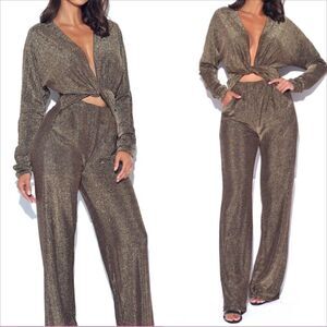 Miss Circle Sparkle Metallic Gold Jumpsuit Size Medium NWT Cutout Party